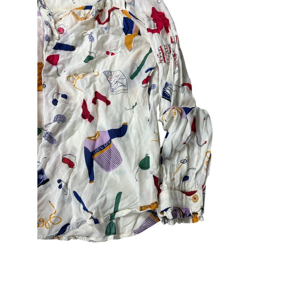 Anthropologie Maeve Marisol Ruffled Blouse Size 2‎ Winter Ski Print Button Front - Picture 5 of 6